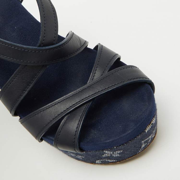 Pre Owned Louis Vuitton Navy Blue Leather and Monogram Denim Ocean Wedge Sandals Size 38