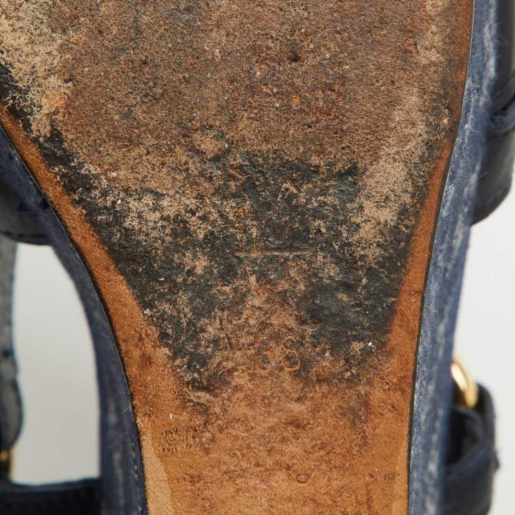 Pre Owned Louis Vuitton Navy Blue Leather and Monogram Denim Ocean Wedge Sandals Size 38