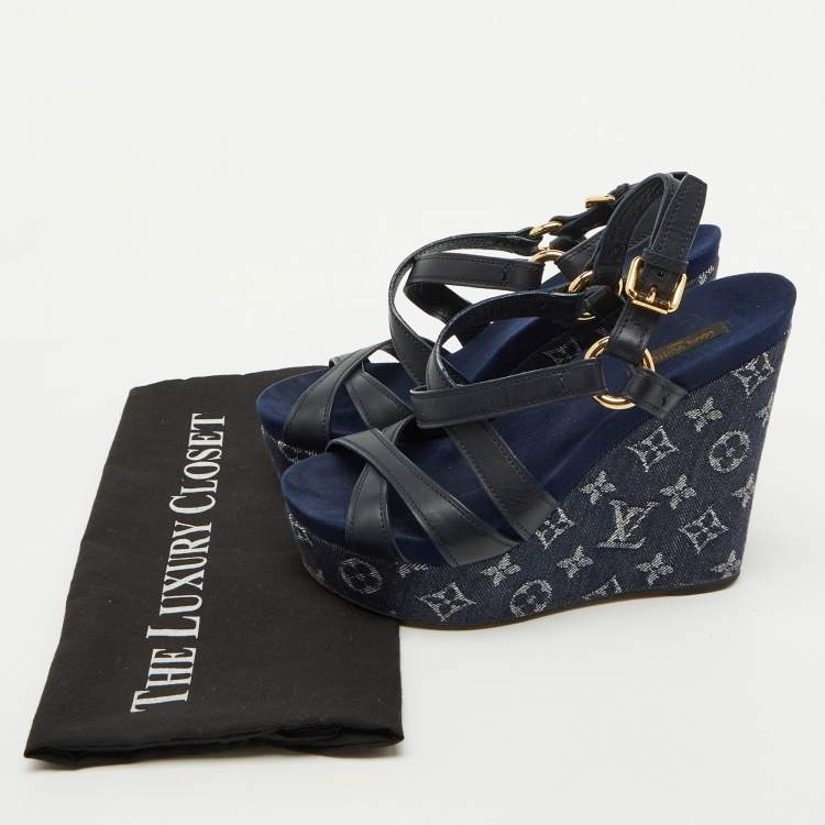 Pre Owned Louis Vuitton Navy Blue Leather and Monogram Denim Ocean Wedge Sandals Size 38