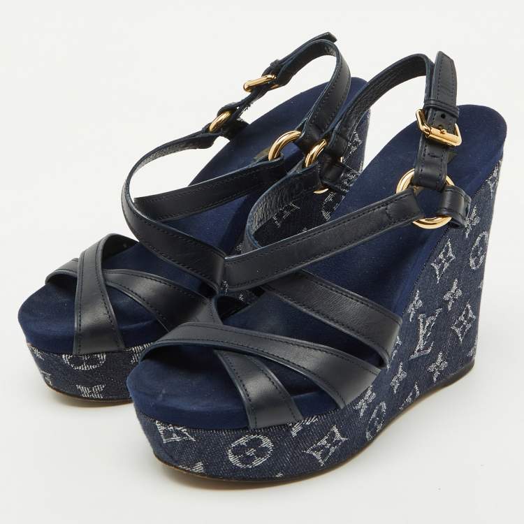 Pre Owned Louis Vuitton Navy Blue Leather and Monogram Denim Ocean Wedge Sandals Size 38