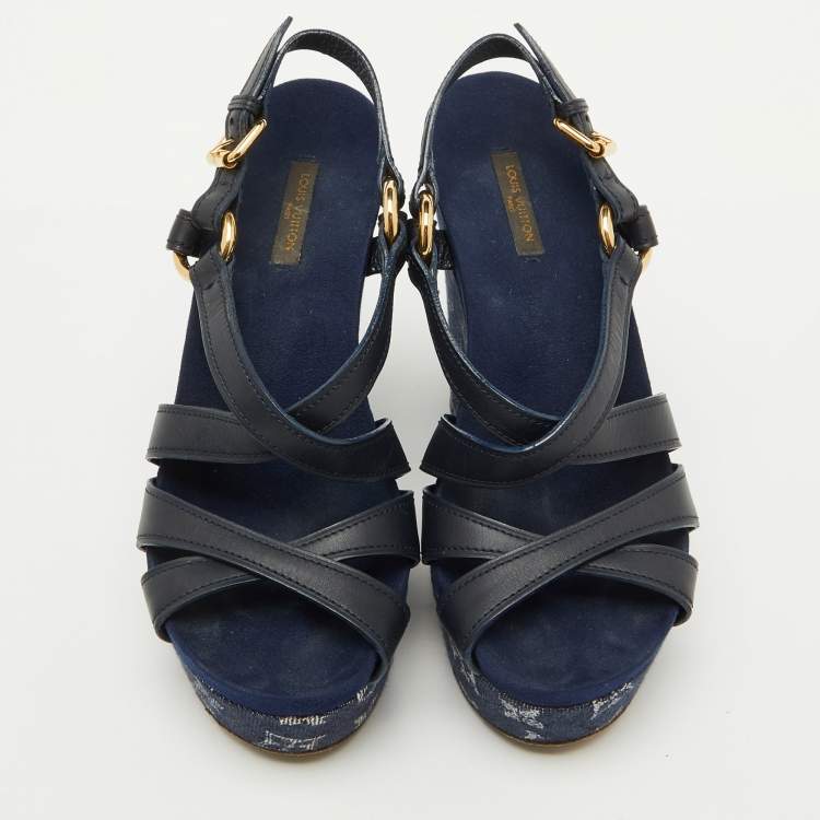 Pre Owned Louis Vuitton Navy Blue Leather and Monogram Denim Ocean Wedge Sandals Size 38