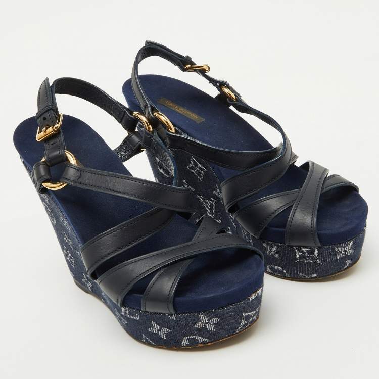 Pre Owned Louis Vuitton Navy Blue Leather and Monogram Denim Ocean Wedge Sandals Size 38