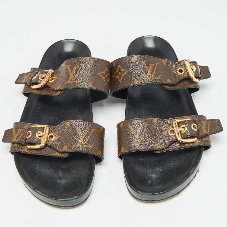 Pre Owned Louis Vuitton Brown Monogram Canvas Bom Dia Flat Slides Size 38