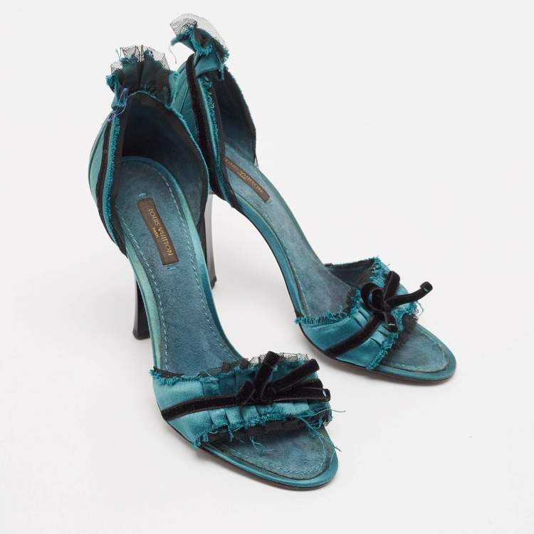 Pre Owned Louis Vuitton Green Satin and Velvet Slide Sandals Size 38