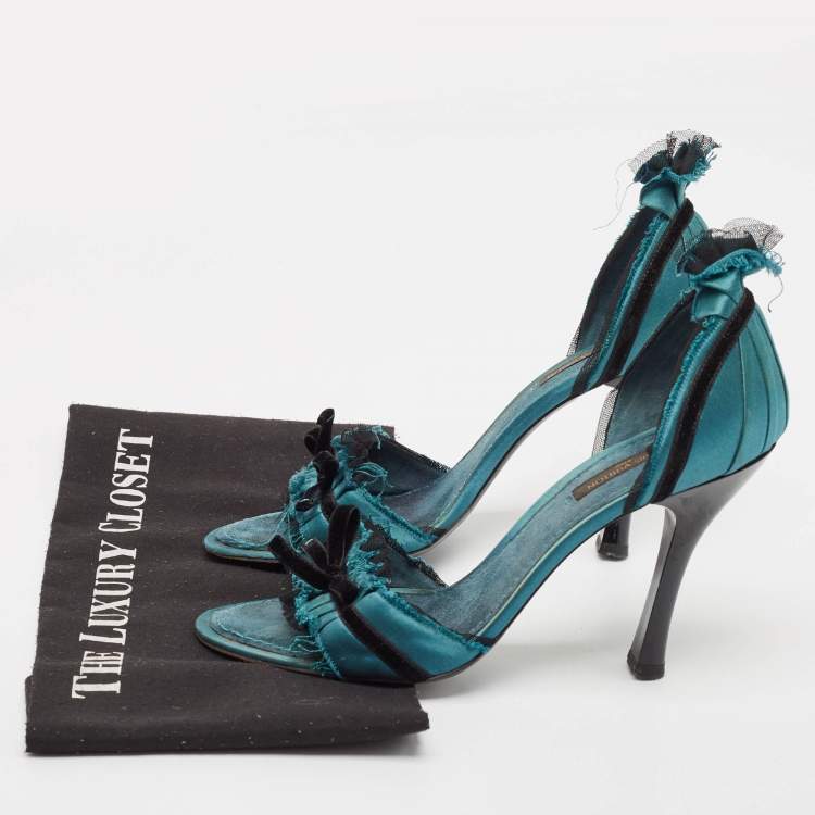 Pre Owned Louis Vuitton Green Satin and Velvet Slide Sandals Size 38