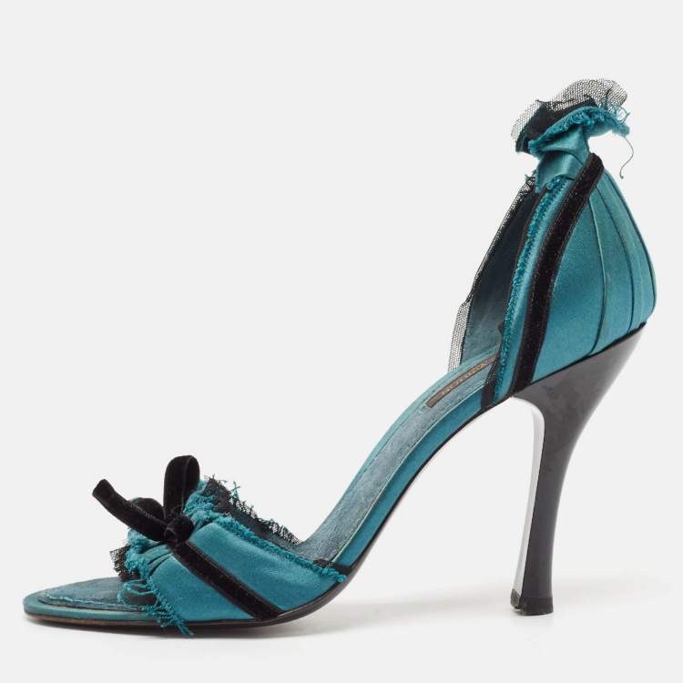 Pre Owned Louis Vuitton Green Satin and Velvet Slide Sandals Size 38