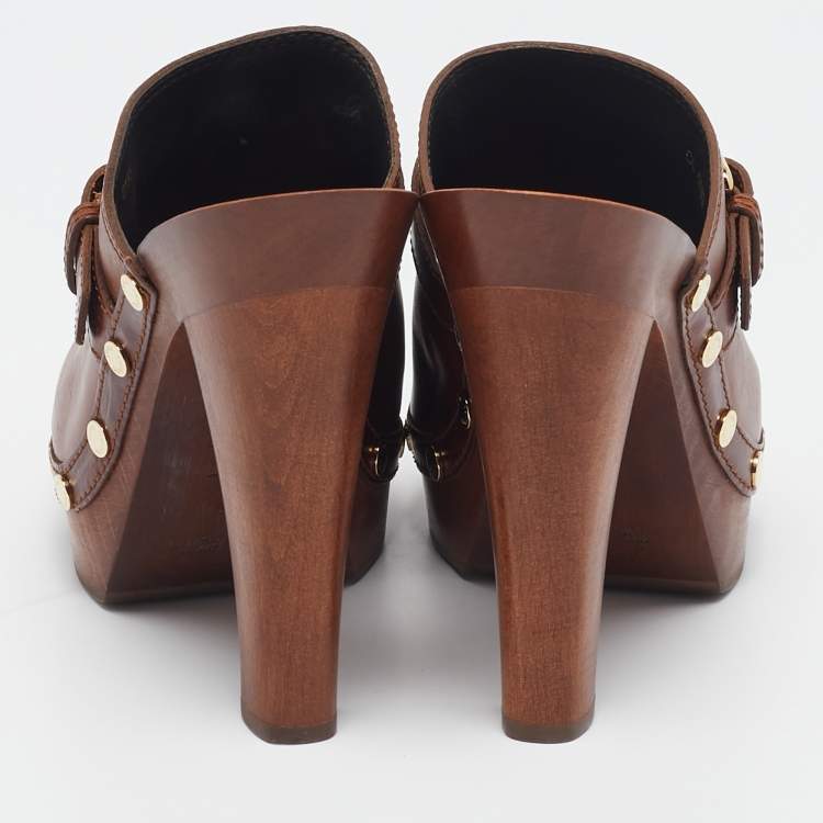 Pre Owned Louis Vuitton Brown Leather Buckle Detail Platform Clogs Size 39