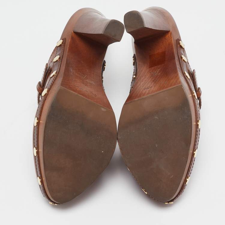Pre Owned Louis Vuitton Brown Leather Buckle Detail Platform Clogs Size 39