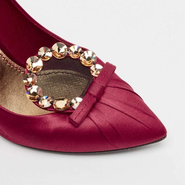 Pre Owned Louis Vuitton Burgundy Lace and Satin Crystal Embellished Pumps Size 38