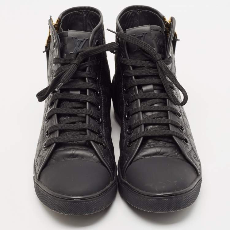 Pre Owned Louis Vuitton Black Leather and Rubber Punchy High Top Sneakers Size 39