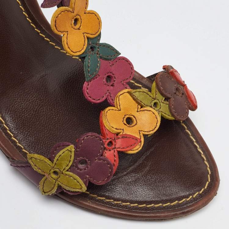Pre Owned Louis Vuitton Brown Leather Aubepine Floral T Strap Sandals Size 37.5