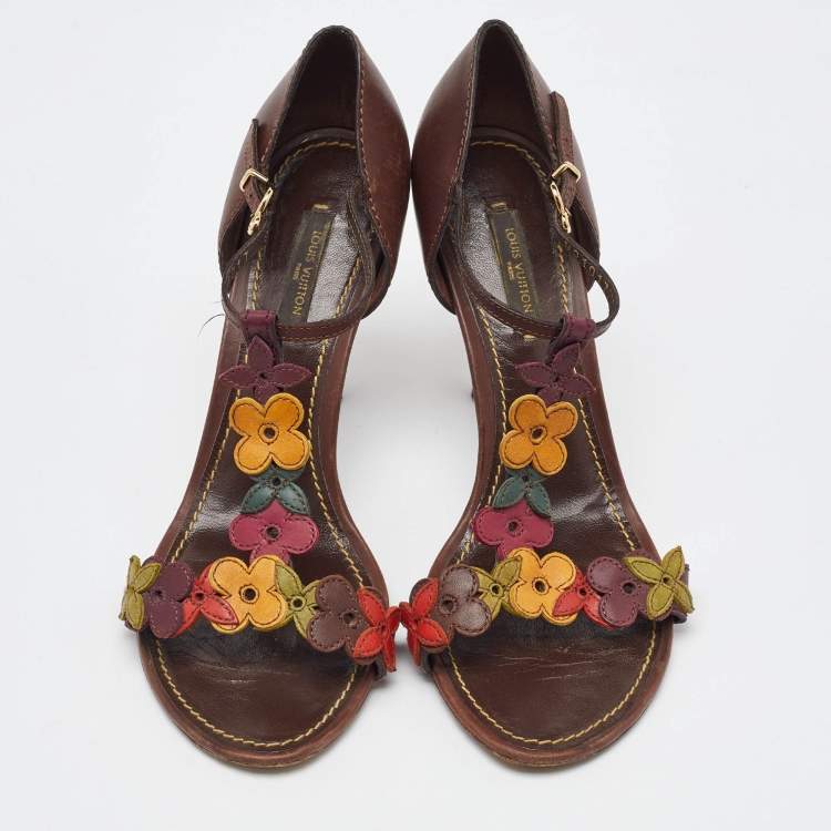 Pre Owned Louis Vuitton Brown Leather Aubepine Floral T Strap Sandals Size 37.5