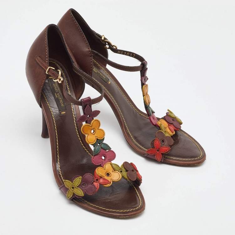 Pre Owned Louis Vuitton Brown Leather Aubepine Floral T Strap Sandals Size 37.5