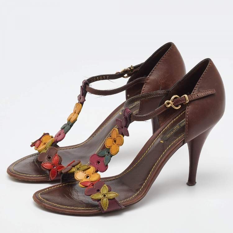 Pre Owned Louis Vuitton Brown Leather Aubepine Floral T Strap Sandals Size 37.5