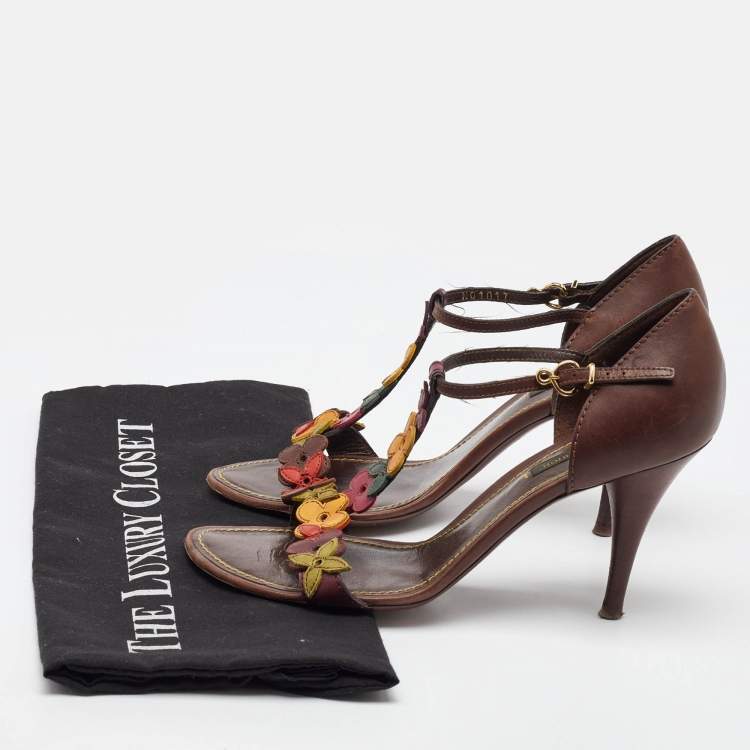 Pre Owned Louis Vuitton Brown Leather Aubepine Floral T Strap Sandals Size 37.5