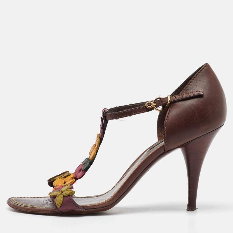 Pre Owned Louis Vuitton Brown Leather Aubepine Floral T Strap Sandals Size 37.5