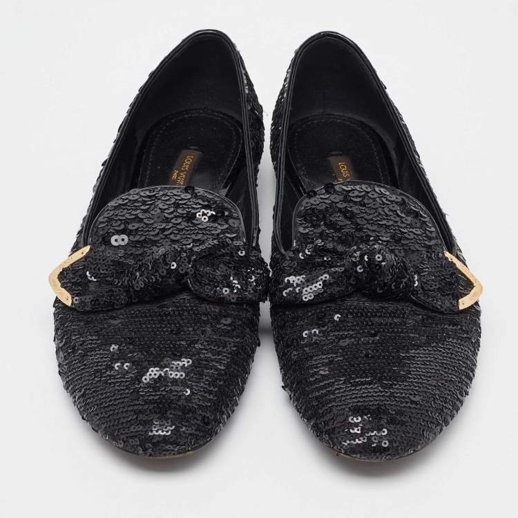 Pre Owned Louis Vuitton Black Sequins Amulet Bow Detail Smoking Slippers Size 37.5