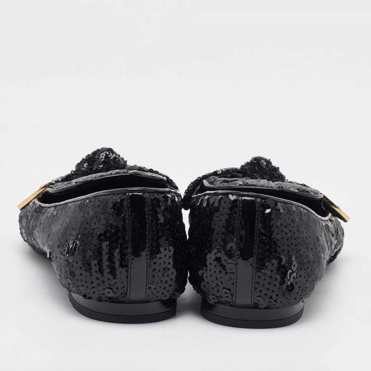 Pre Owned Louis Vuitton Black Sequins Amulet Bow Detail Smoking Slippers Size 37.5