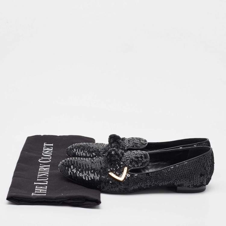 Pre Owned Louis Vuitton Black Sequins Amulet Bow Detail Smoking Slippers Size 37.5
