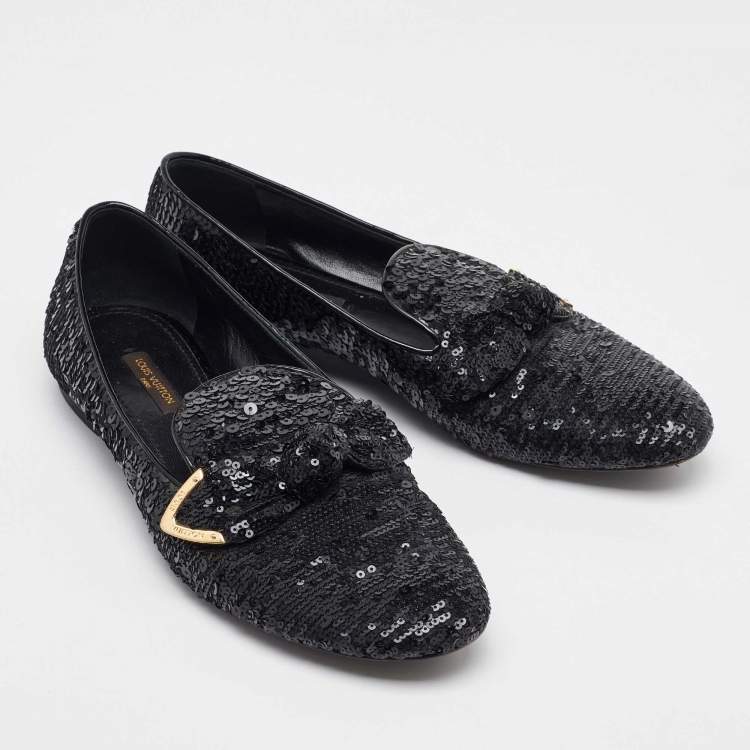 Pre Owned Louis Vuitton Black Sequins Amulet Bow Detail Smoking Slippers Size 37.5