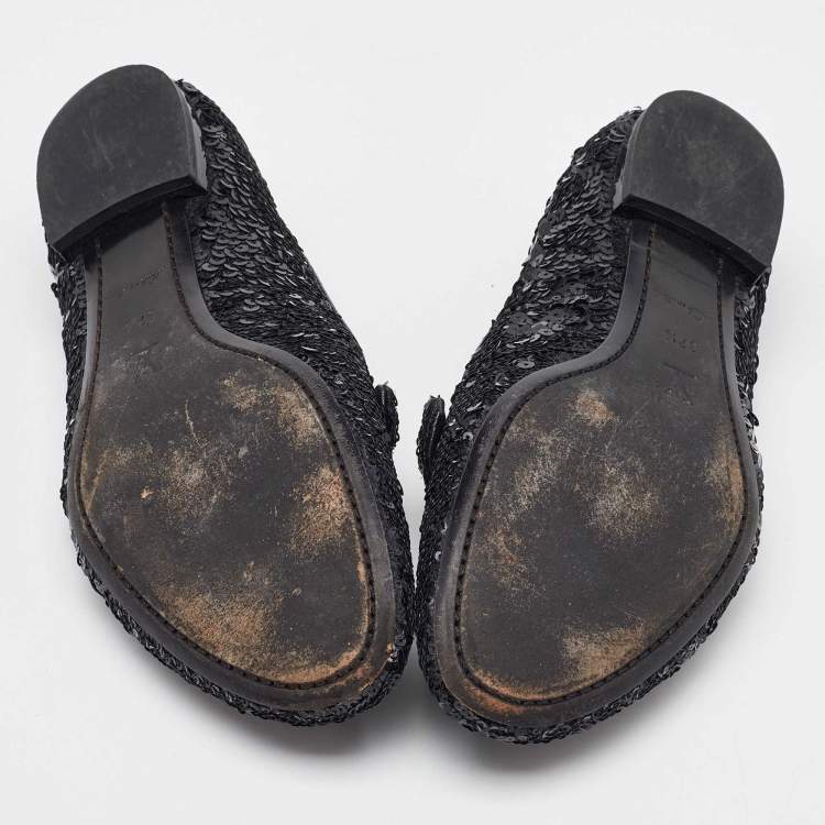 Pre Owned Louis Vuitton Black Sequins Amulet Bow Detail Smoking Slippers Size 37.5