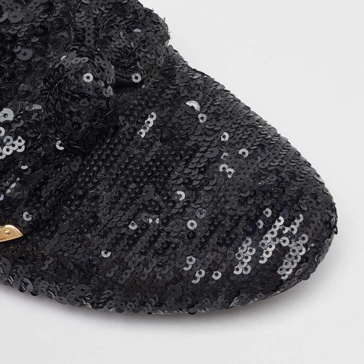 Pre Owned Louis Vuitton Black Sequins Amulet Bow Detail Smoking Slippers Size 37.5