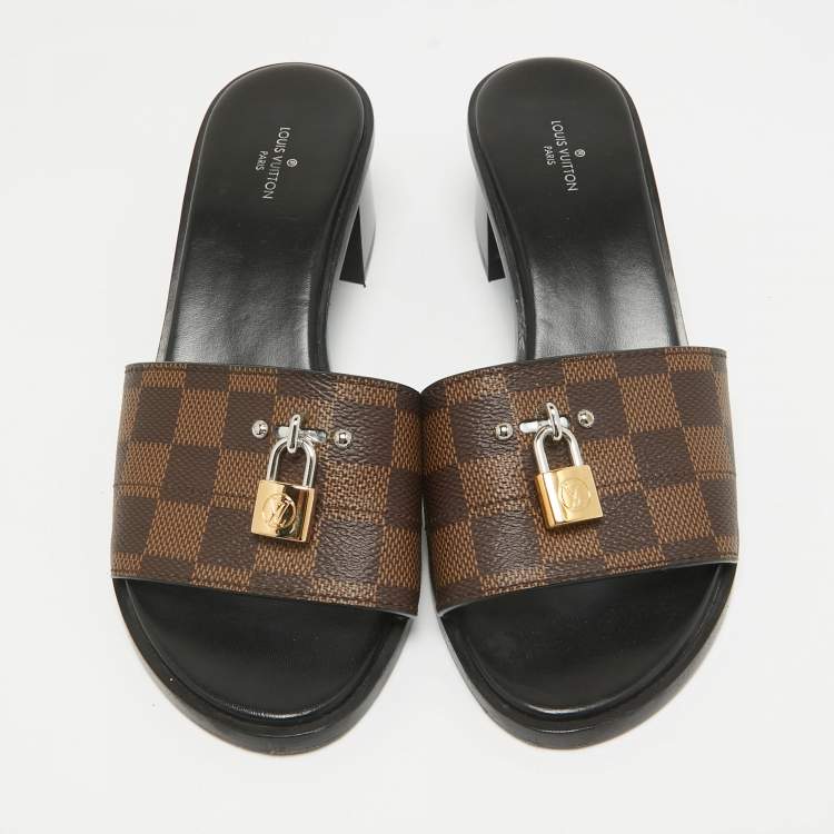 Pre Owned Louis Vuitton Brown Coated Canvas Lock It Slide Sandals Size 38