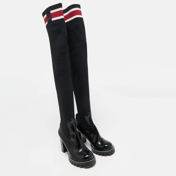 Pre Owned Louis Vuitton Black Knit Fabric and Leather Star Trail Glazed Sock Boots Size 37.5