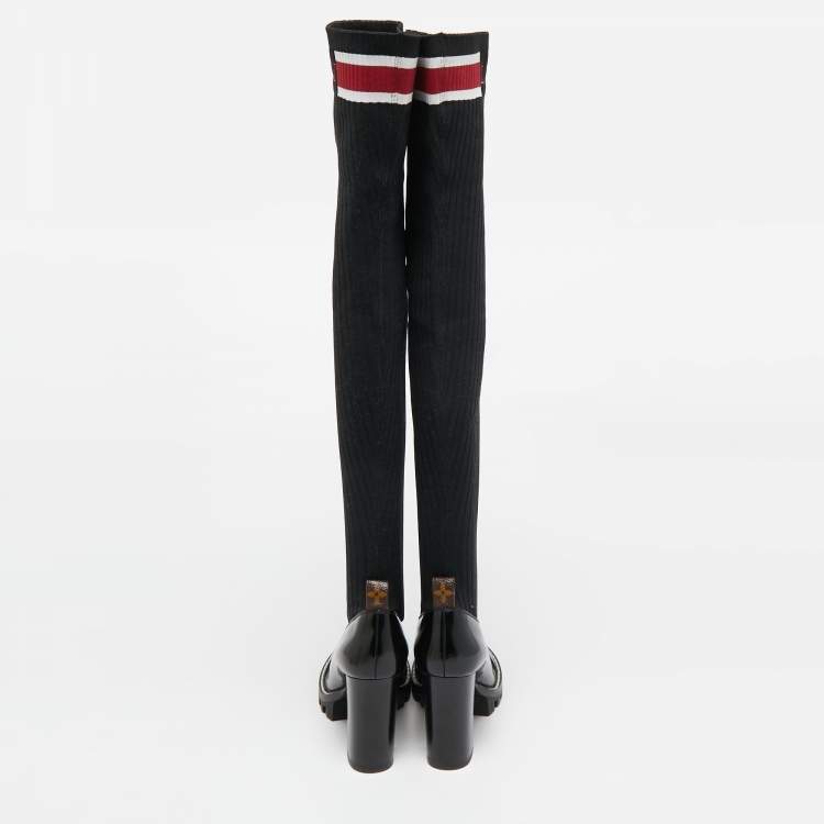 Pre Owned Louis Vuitton Black Knit Fabric and Leather Star Trail Glazed Sock Boots Size 37.5