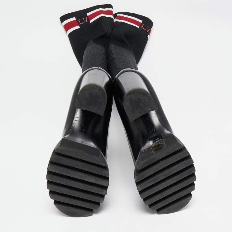 Pre Owned Louis Vuitton Black Knit Fabric and Leather Star Trail Glazed Sock Boots Size 37.5