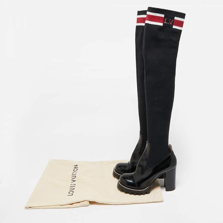 Pre Owned Louis Vuitton Black Knit Fabric and Leather Star Trail Glazed Sock Boots Size 37.5