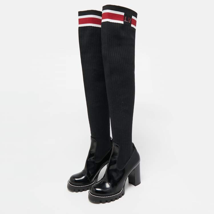 Pre Owned Louis Vuitton Black Knit Fabric and Leather Star Trail Glazed Sock Boots Size 37.5