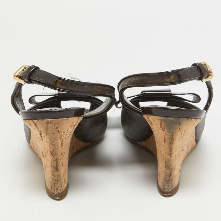 Pre Owned Louis Vuitton Brown Monogram Canvas and Patent Bow Rivoli Slingback Wedge Sandals Size 36.5
