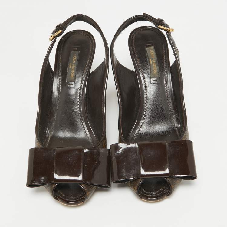Pre Owned Louis Vuitton Brown Monogram Canvas and Patent Bow Rivoli Slingback Wedge Sandals Size 36.5