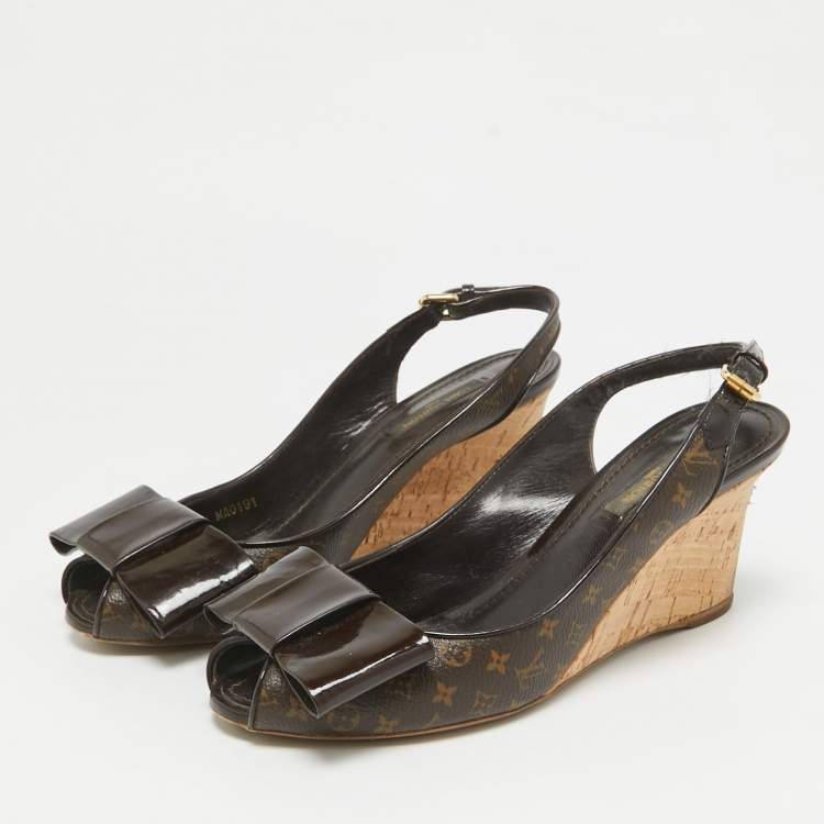 Pre Owned Louis Vuitton Brown Monogram Canvas and Patent Bow Rivoli Slingback Wedge Sandals Size 36.5