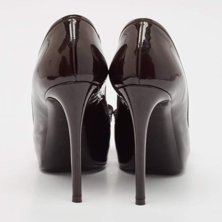 Pre Owned Louis Vuitton Brown Patent Leather Bow Peep Toe Pumps Size 37.5