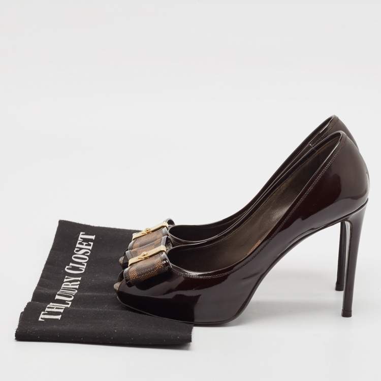 Pre Owned Louis Vuitton Brown Patent Leather Bow Peep Toe Pumps Size 37.5