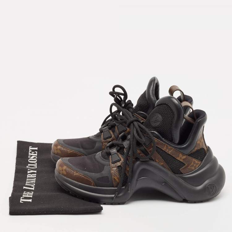 Pre Owned Louis Vuitton Black/Brown Mesh and Monogram Canvas Archlight Sneakers Size 37.5