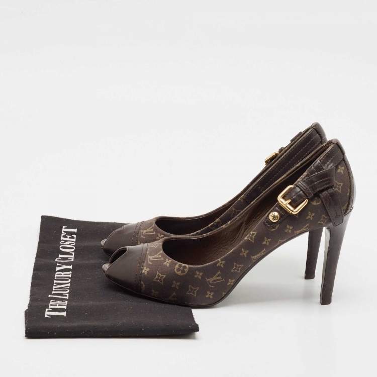 Pre Owned Louis Vuitton Brown Canvas and Leather Mini Lin Peep Toe Pumps Size 38.5