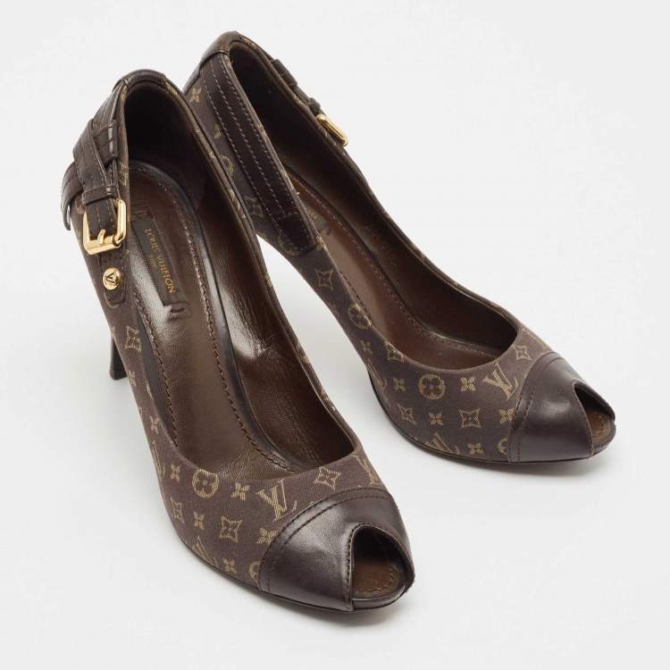 Pre Owned Louis Vuitton Brown Canvas and Leather Mini Lin Peep Toe Pumps Size 38.5
