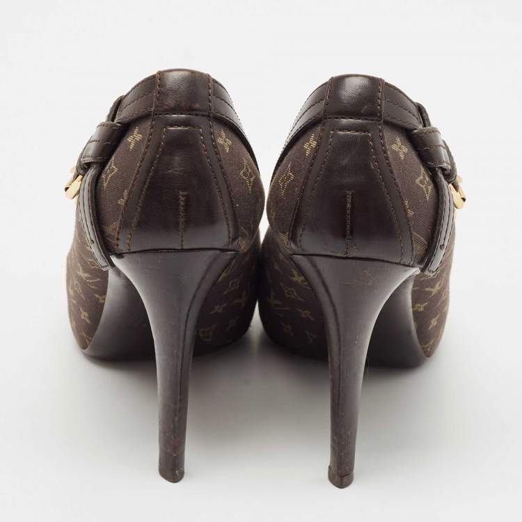 Pre Owned Louis Vuitton Brown Canvas and Leather Mini Lin Peep Toe Pumps Size 38.5