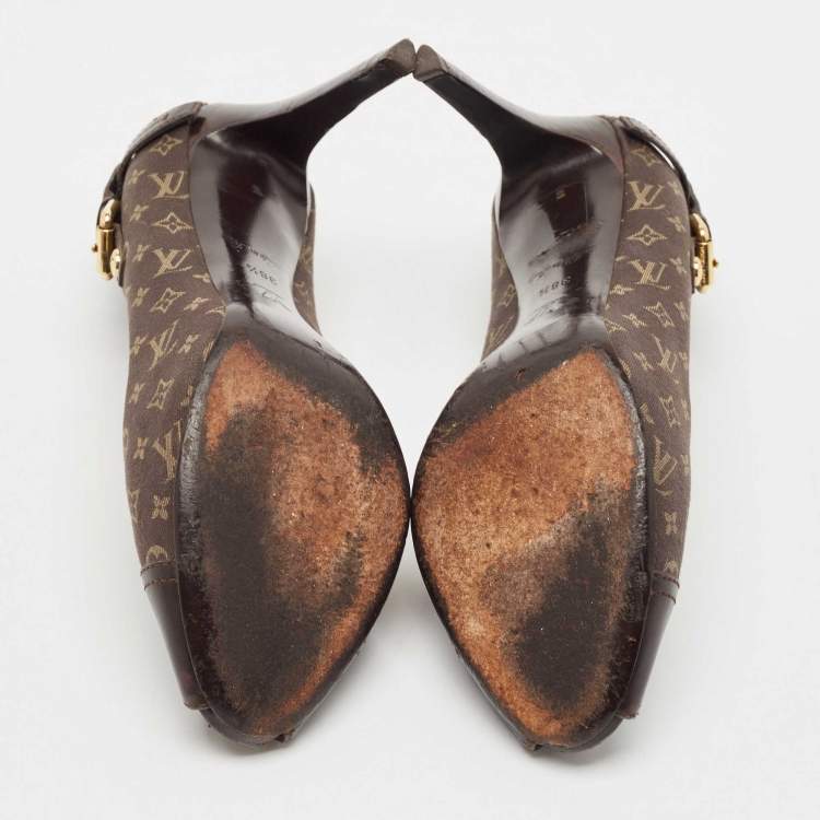 Pre Owned Louis Vuitton Brown Canvas and Leather Mini Lin Peep Toe Pumps Size 38.5