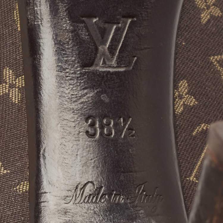 Pre Owned Louis Vuitton Brown Canvas and Leather Mini Lin Peep Toe Pumps Size 38.5