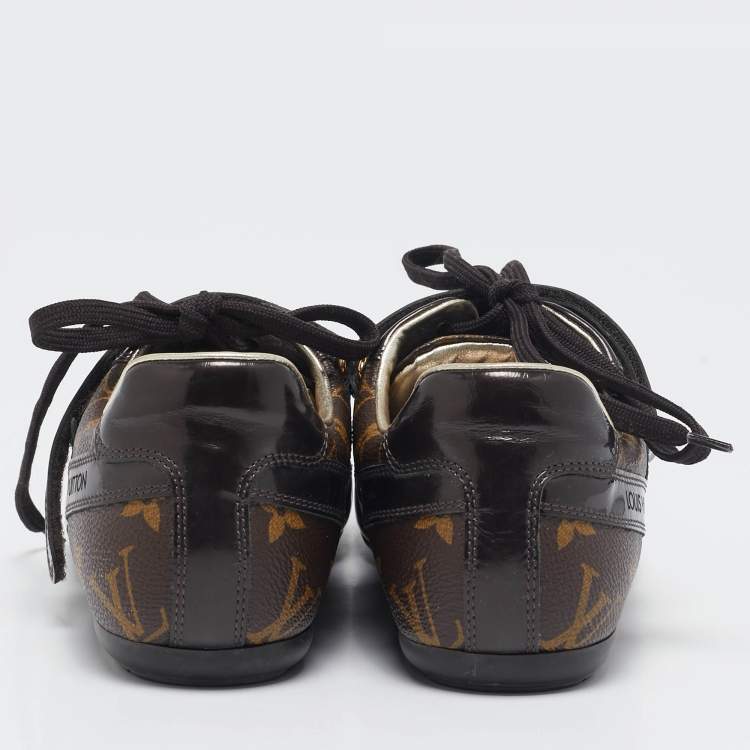 Pre Owned Louis Vuitton Brown Monogram Canvas and Patent Leather Low Top Sneakers Size 37.5
