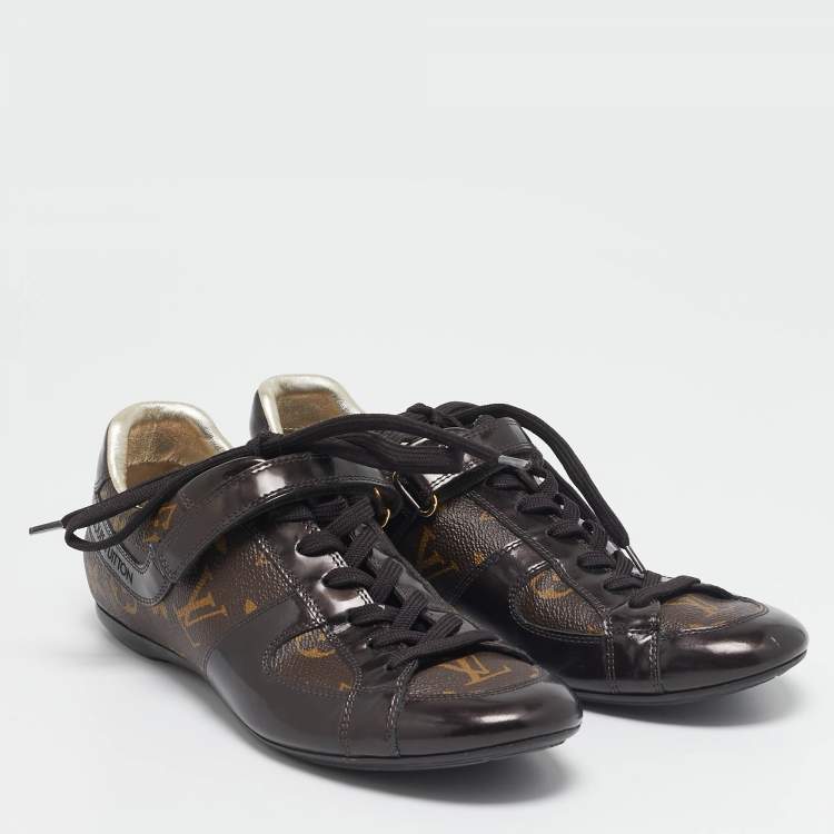 Pre Owned Louis Vuitton Brown Monogram Canvas and Patent Leather Low Top Sneakers Size 37.5