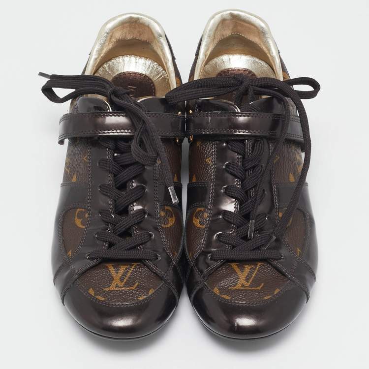 Pre Owned Louis Vuitton Brown Monogram Canvas and Patent Leather Low Top Sneakers Size 37.5