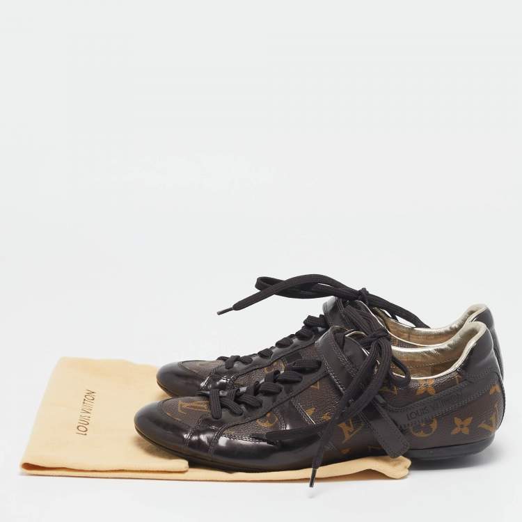 Pre Owned Louis Vuitton Brown Monogram Canvas and Patent Leather Low Top Sneakers Size 37.5