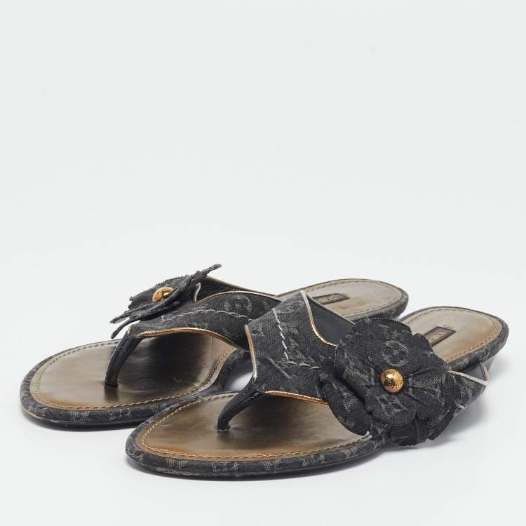 Pre Owned Louis Vuitton Black Denim Trim Monogram Thong Sandals Size 37