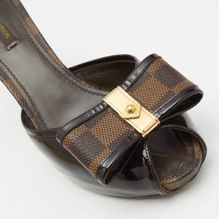 Pre Owned Louis Vuitton Brown Patent Leather and Damier Ebene Bow Slide Sandals Size 39