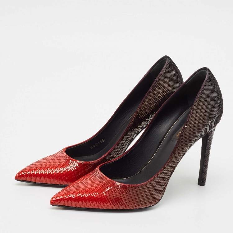 Pre Owned Louis Vuitton Black/Red Sequins Liza Pointed Toe Pumps Size 40